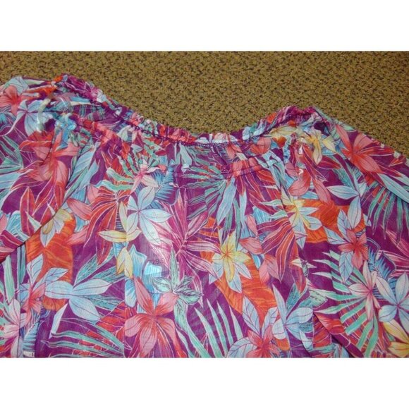 Womens Kimona Swim Coverup Medium Into The Bleu Pink Floral Hibiscus Chiffon - Picture 2 of 4